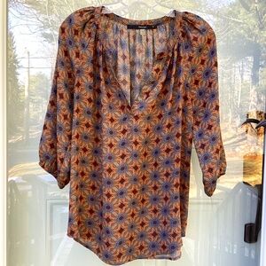 3/4 sleeve, v-neck, women’s top, brown, turquoise, orange, purple, size M